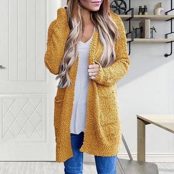 New Mustard Yellow Button Down Fuzzy Cardigan - Picture 4 of 5